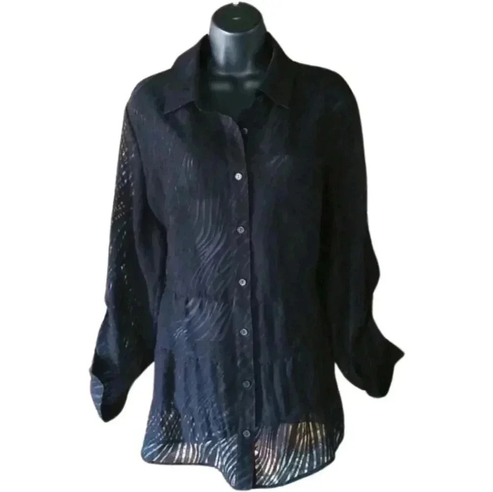 Vintage 90s black tiered zebra sheer button down blouse Dark Maximalism